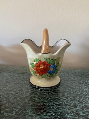 Hand-Painted Floral Ceramic Basket - Cream with Red & Blue Flowers